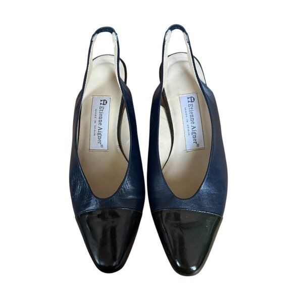 Etienne Aigner blue and black slingback patent leather cap toe heels 6 1/2M - Picture 7 of 9